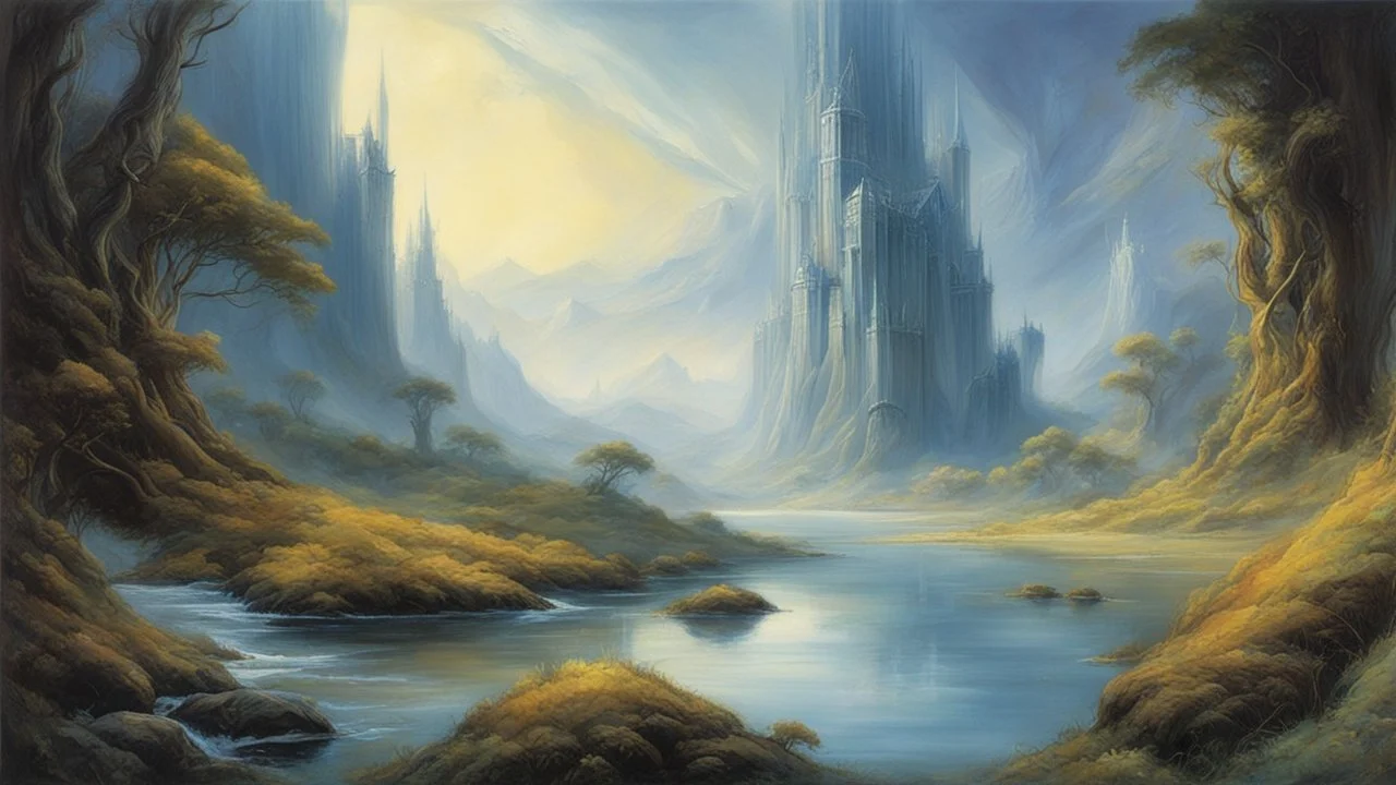 Style John Howe, parallel world, dream world, calm beauty, fantasy world, magic, beautiful composition, exquisite detail, realistic, fascinating