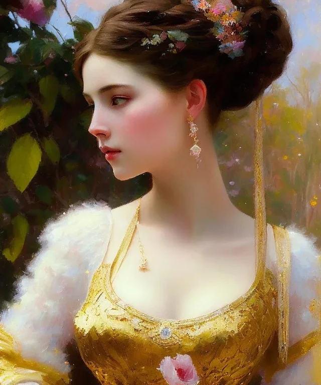 realist impressionist portrait of "The Curious Female" by Ross Tran rework. Masterpiece, best quality, painted impressionist brush strokes. paint drips and drabs and splatters by and by art nouveau and richard schmid . Paint spatters, drips, drabs, dynamic, artstation, artgerm