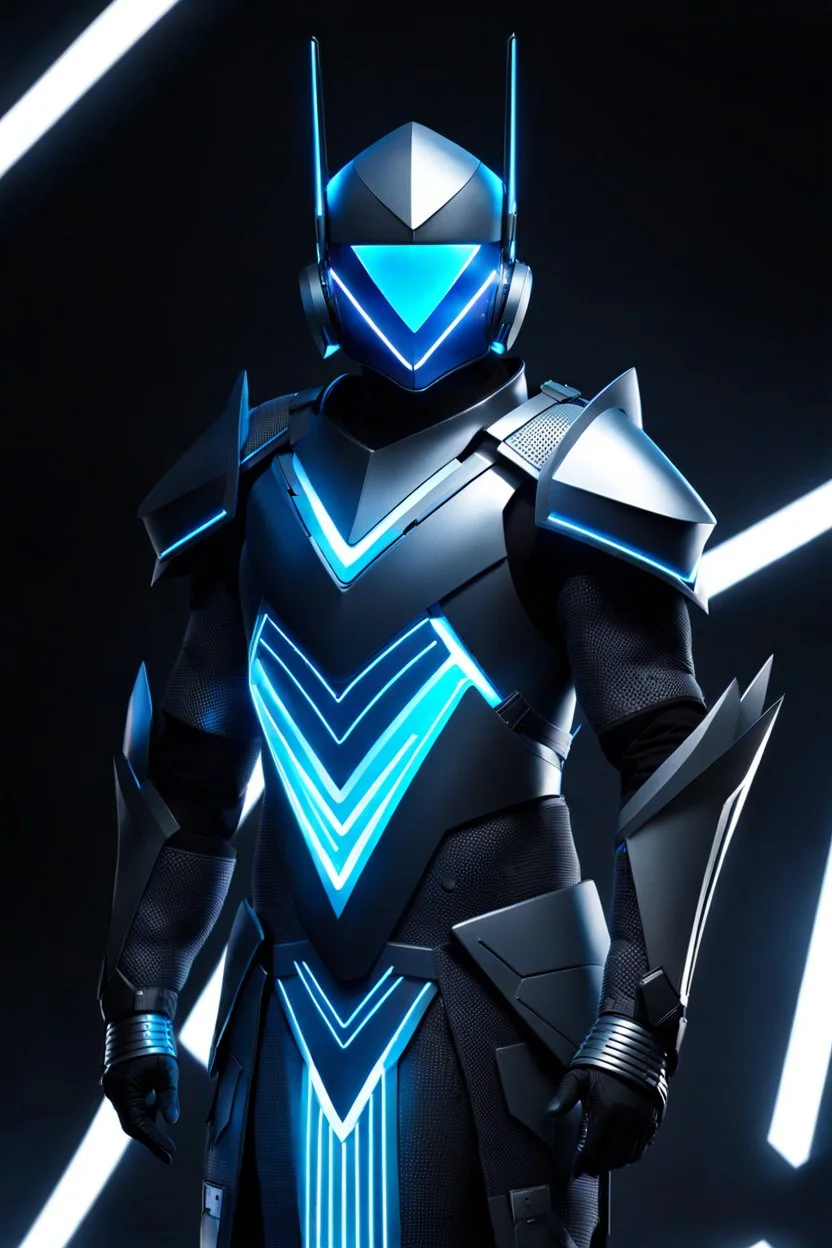 neon blue, floating triangle of light behind the back, cyber armor, geometric patterns on an armor, male, orbiting triangle