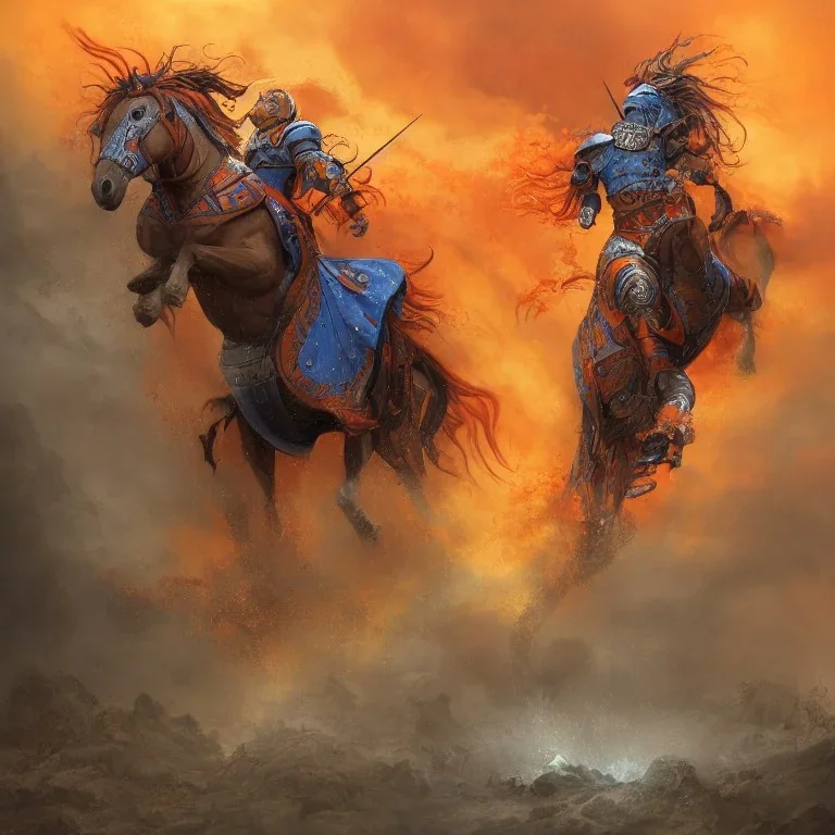 angry horse in orange and blue battle armor, bucking, a highly detailed illustration, background of Inka jungle, realistic render, 8 k, micro detail, intricate, elegant, centered, digital painting, Artstation, smooth, sharp focus, illustration, artgerm, tomasz alen kopera, peter mohrbacher, donato giancola, joseph christian leyendecker, wlop, boris vallejo