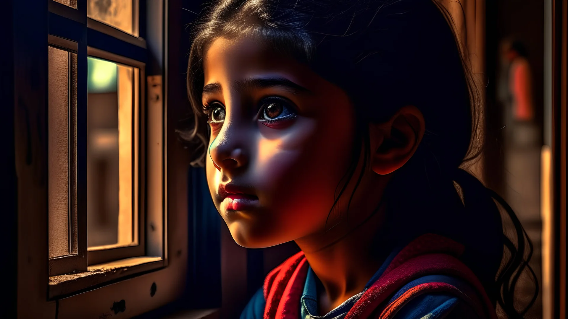 An 11-year-old girl looks out of a window inside the classroom, her hand is not visible, her complexion is Egyptian