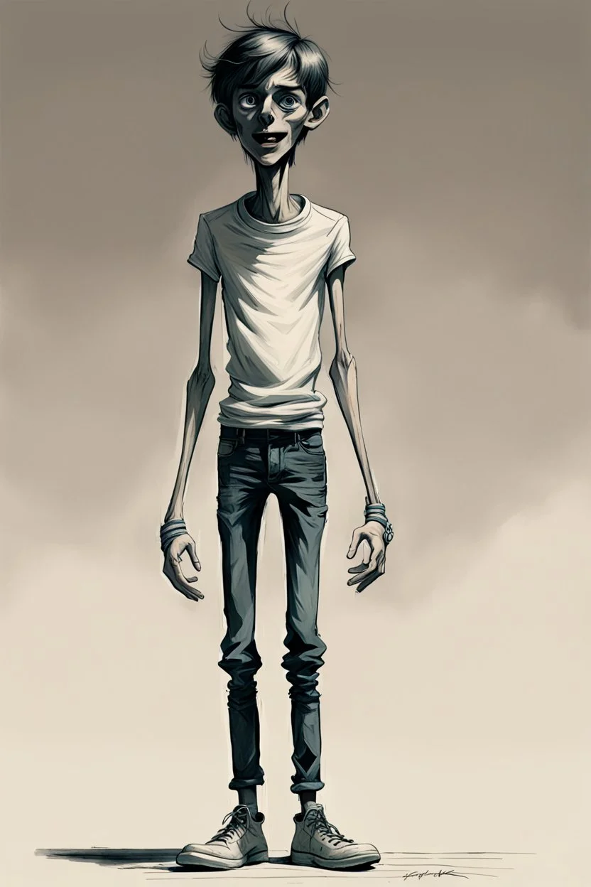 concept art skinny boy 20 years, 1970, mimic on top of him