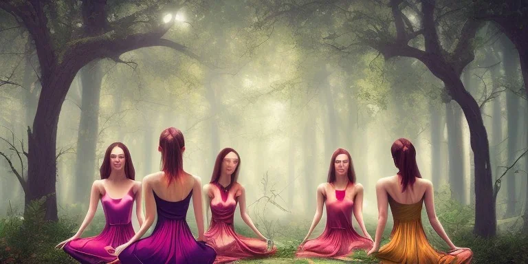 group of woman in colour dresses meditating in an invinting forest