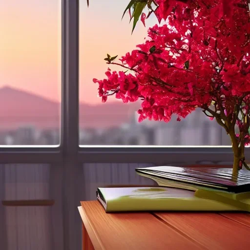  table lush house plant looking out of a window to a crowded city with many textbooks on the table japan sunrise