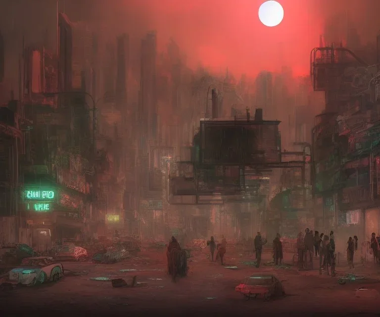 digital art, trending on artstation, a post apocalyptic world ruled by rusty machines under a full moon in a gigantic city full of neon lights and machines acting like humans, these being the vast majority of the population.