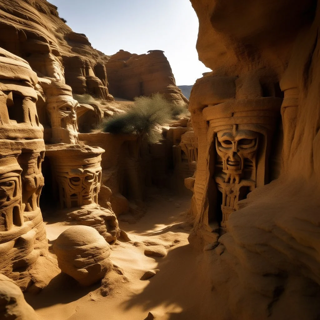 A light brown ruins in an arid canyon designed in African masks