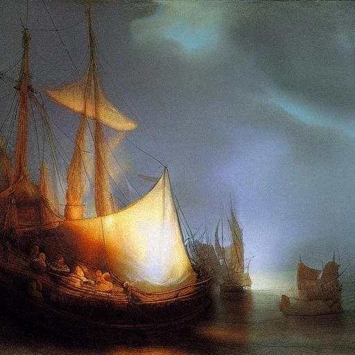 Rembrandt Snowstorm glowing lights ocean flying fish