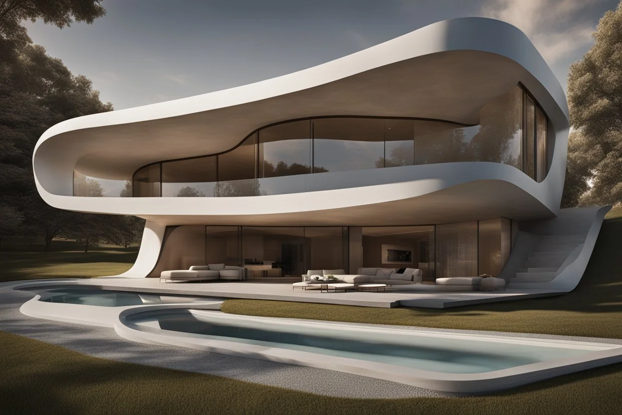 Hyperrealistic photography of a modern country house, ultra warm, incredible work of art, vista exterior, estilo Zaha Hadid