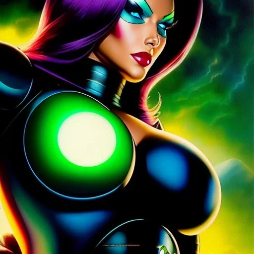 portrait oil on canvas, beautiful booty busty Raven(teen Titans), green big eyes, ,minimal armor,comic book cover, mystical colors,insanely detailed,realistic,intrincate detail, 16k resolution, masterpiece,Frank Frazetta,Alex Horley, Simon Bisley