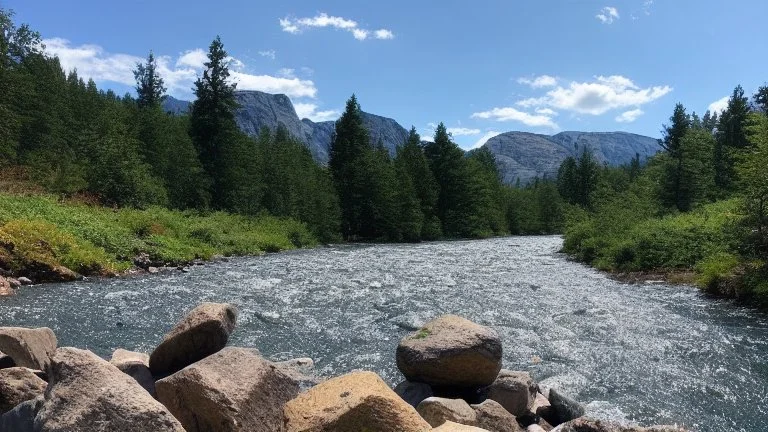 river flows over the rocks to the lake