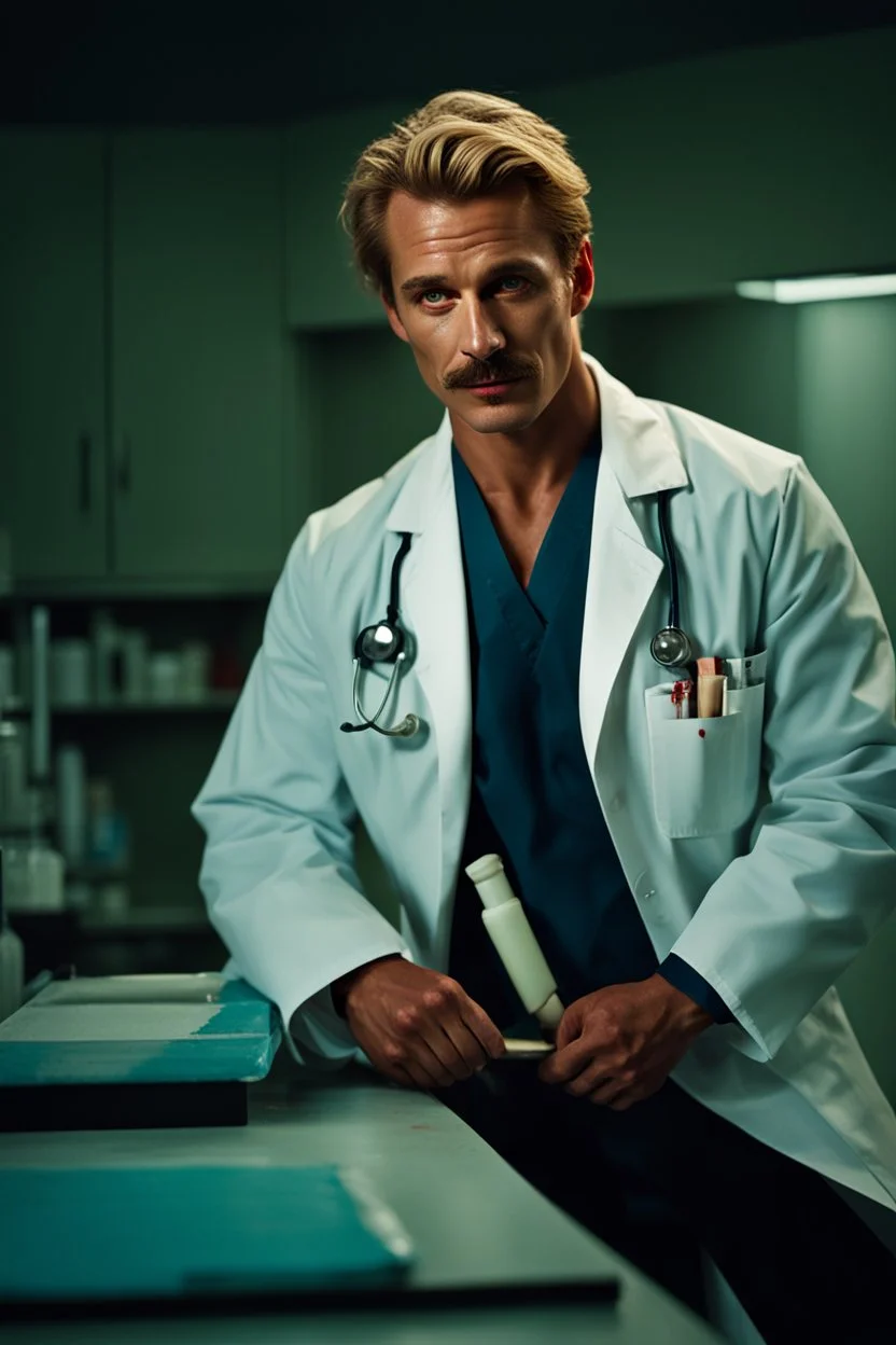 Mid-thirties, Caucasian male doctor, creepy smile, messy blonde hair, blonde thick mustache, pale blue eyes, broad shoulders, muscular, six foot, Hawaiian shirt under white lab coat, bloodstains at the edges of the lab coat. Strong Jaw line, surrounded by shadows, photo realistic