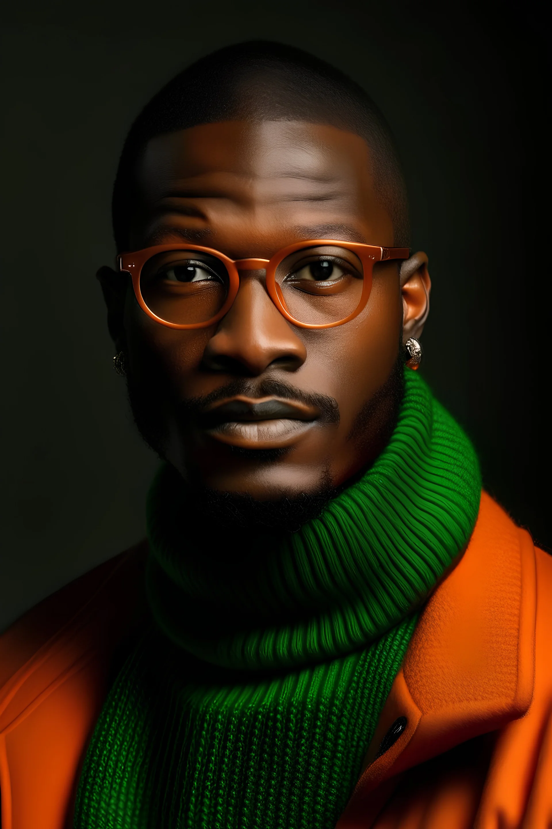 a 35yo afroamerican, beautiful man, green glasses, buzz cut, orange sweater, turtleneck, Tiffany jacket