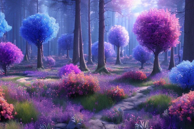 monde en fleurs bleu pink fuksia, concept art, crépuscule , trees bleu pink violet oranger, vibrant Color, réaliste, kwiaty maki rozowe