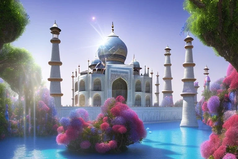 cascade,a magical crystal blue gold taj mahal,flower parc bougainvillier, blue lake,sun,white swanns,pink vertical, blue lake,sharp, vines, candlelit, endor, ornate, elegant, highly detailed, artstation, concept art, smooth, sharp focus, illustration, 8k, splash art, wallpaper, key visual