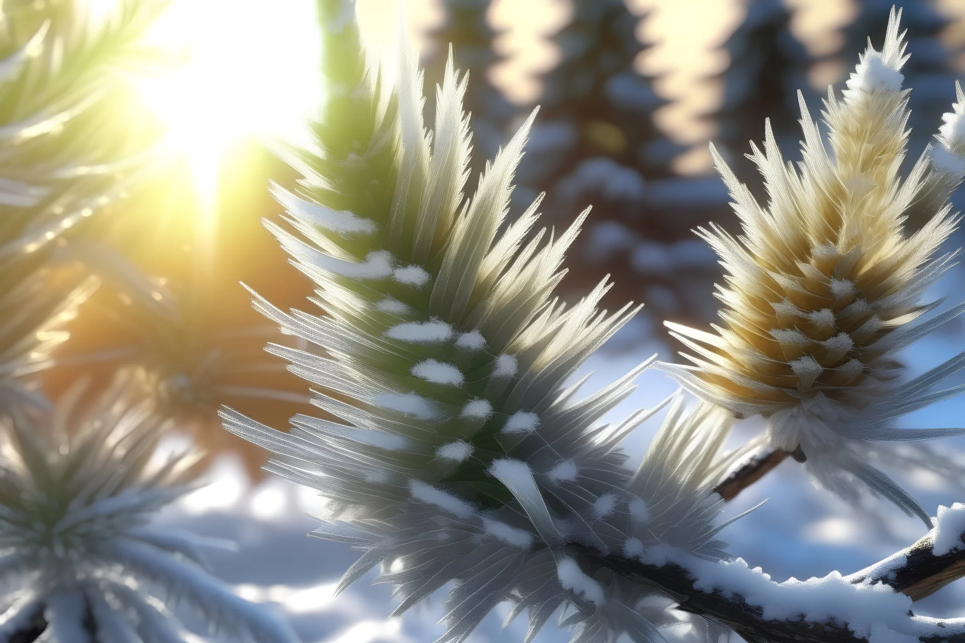 lush pine branch with long frosty needles and large cones, sunny, beautiful forest, silver frost, sunny frosty morning, hyperdetalization, shine, glow, glare, 5k, silver tones, glitter. 3d, 32k. Thomas Kincaid. Dmitry Vishnevsky. Catherine Welz Stein