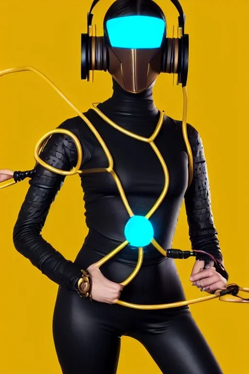 Realistic photograph. Geometric 3D tiling on the background, woman, Whip. Bronze color Yellow Black Cyan. Cyber-punk full-mask. AKG headphones, golden rings & disc. Selfie both hands. Lightly armored, electronic circuit. Thick tights. Thick calves. Curved fell. Wide hip. Flat belly. Ancient artifact cables between. Perfect body. Matrix movie clothes, Silver leather area, tippet, latex. Wicked sneakers. Daft Punk helmet, Tron Movie. Egyptian Haute Couture. 1990's. Light comes from right