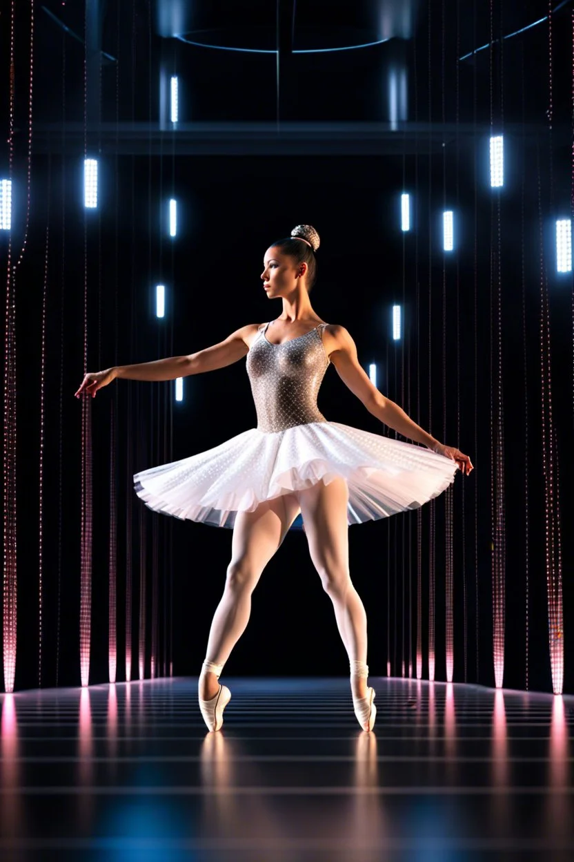 mocap graphic, ballerina dancing in a 3d recursive fractal stage with disco flashing lights