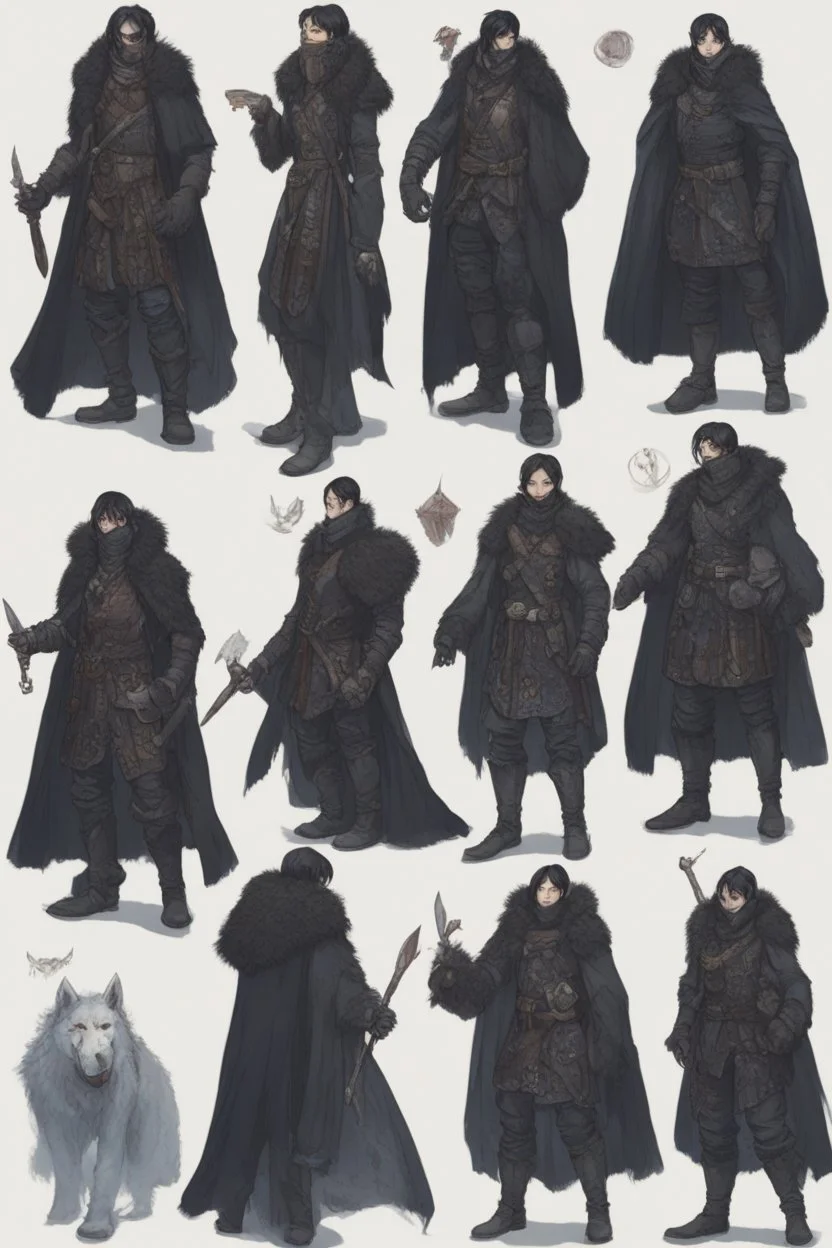 A dnd character sheet. A woman dressed for the cold north dressed in dark furs, with black hair. Death cleric wearing a mask