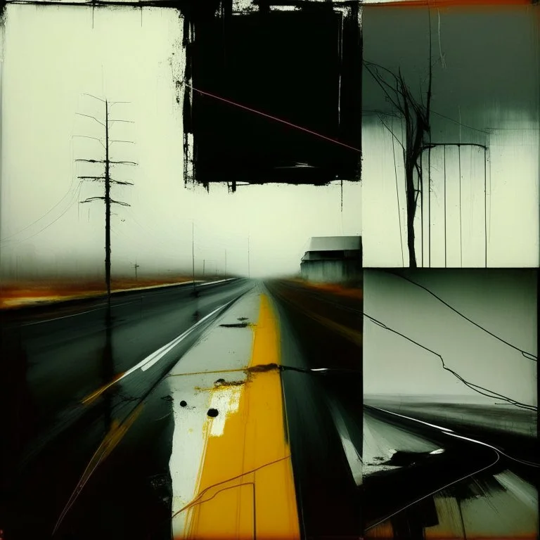 Minimal abstract oil paintings of a desolate 1960. Orange wires. On the floor are concrete fragments and road markings . In the dark mysterious style of Justin Mortimer and Francis Bacon. Triadic colours