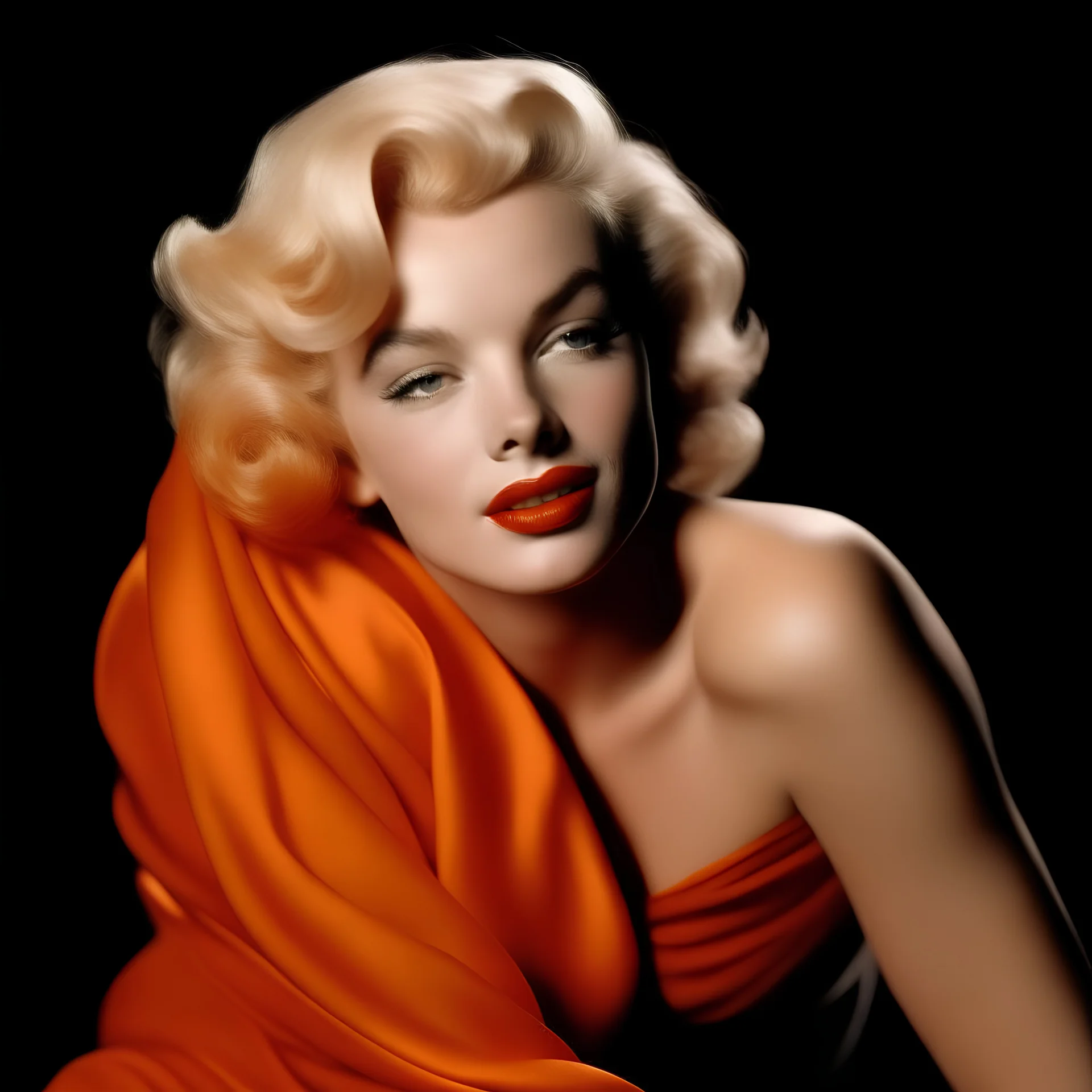 A photograph of marilyn monroe, disheveled, tired, in the style of milton greene, soft orange silk scarf aronde her shoulders