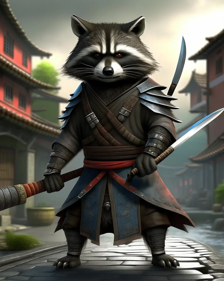 raccoon as a samurai, realistic, 1 katana, city, ready for battle