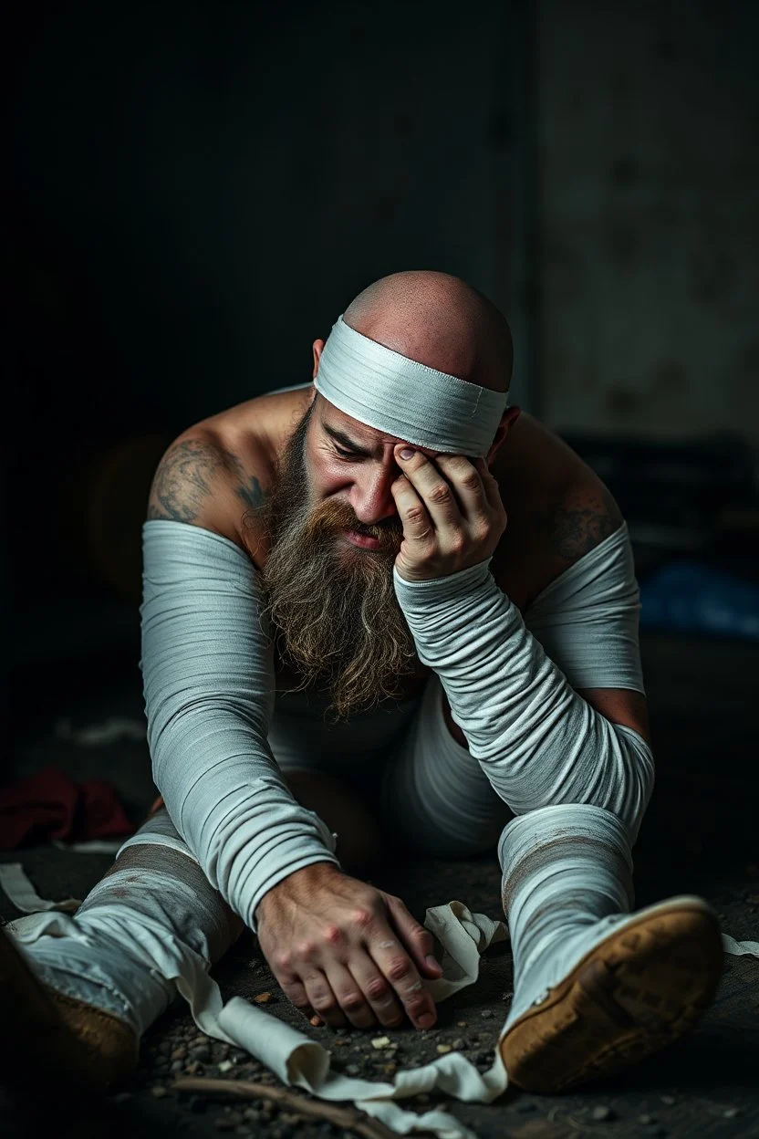 a very sad hurt swedish motorcycle gang man with beard, he is covered all the body with bandage and are in deep pain, bandage all over him, cripple, lying on the floor