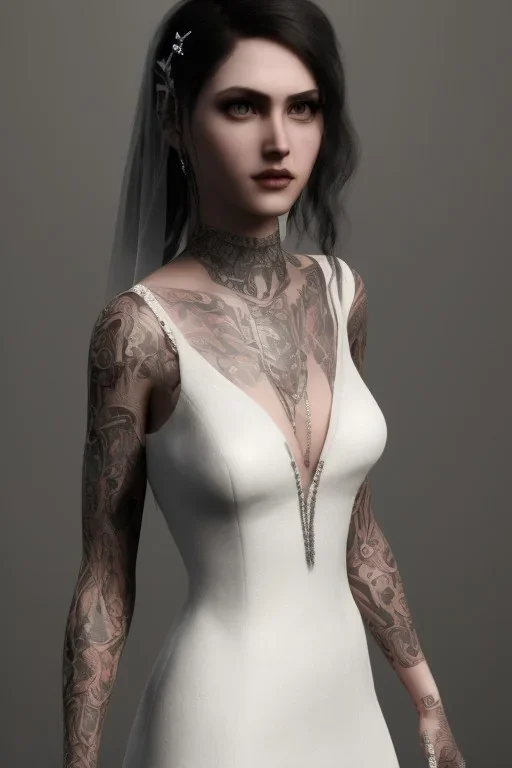 Portrait emo bride with piercings in skin-tight black dress, full body shot, full-color long shot