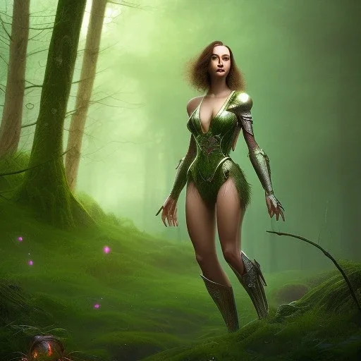 upper body of yohan diniz, fast walker, as a young cute feminine woman, short hair, green forest background, stream, mega flowers, dusk, fireflies