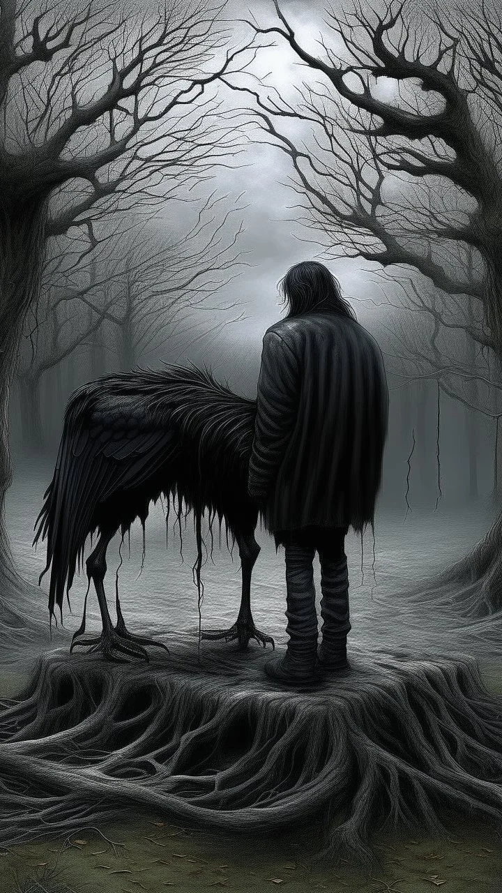 black vein, human veins, mixing together a lot of them, like a forest, big and small veins a lot of them, a crow standing on black horse