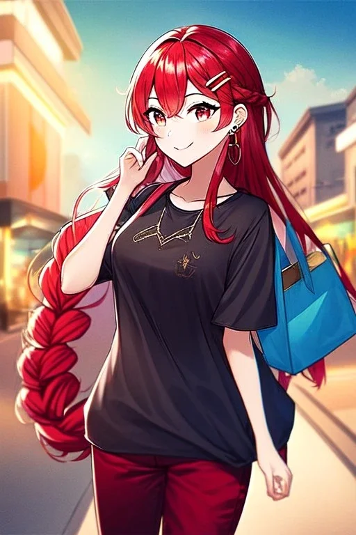 girl, masterpiece, best quality, cinematic lighting, detailed outfit, vibrant colors, perfect eyes, red hair, red eyes, long hair, braided ponytail, hairclip, earrings, smile, casual clothes,