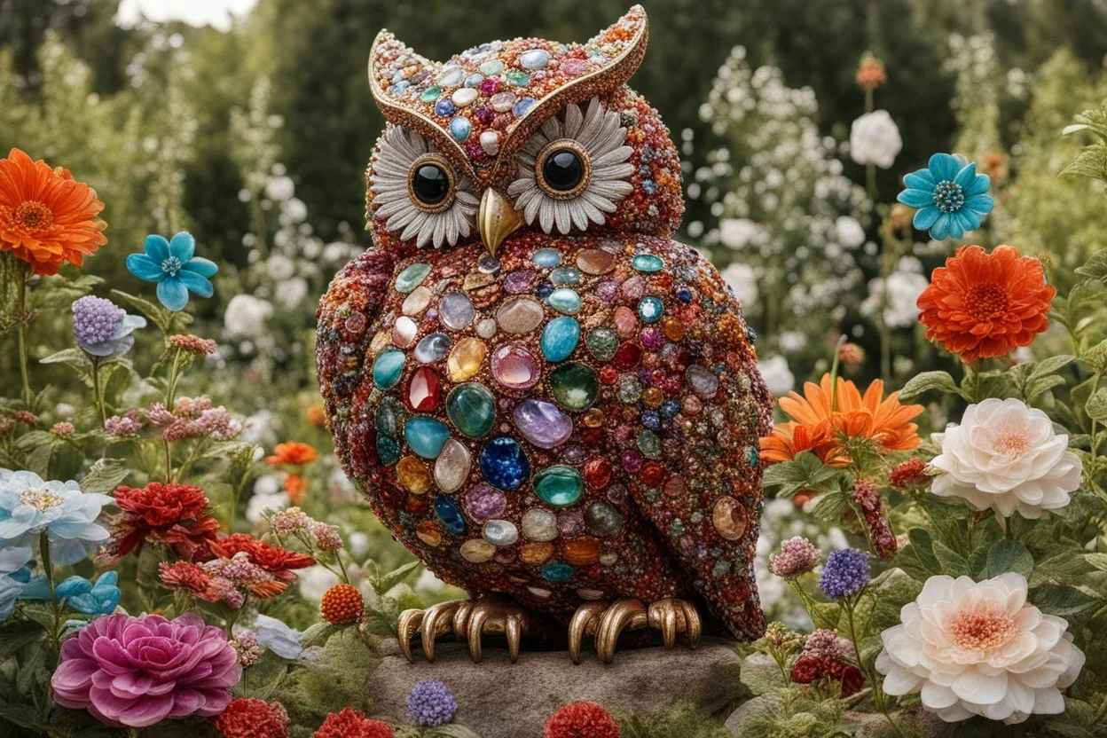 Owl made of gemstones and jewels in a flowergarden in sunshine