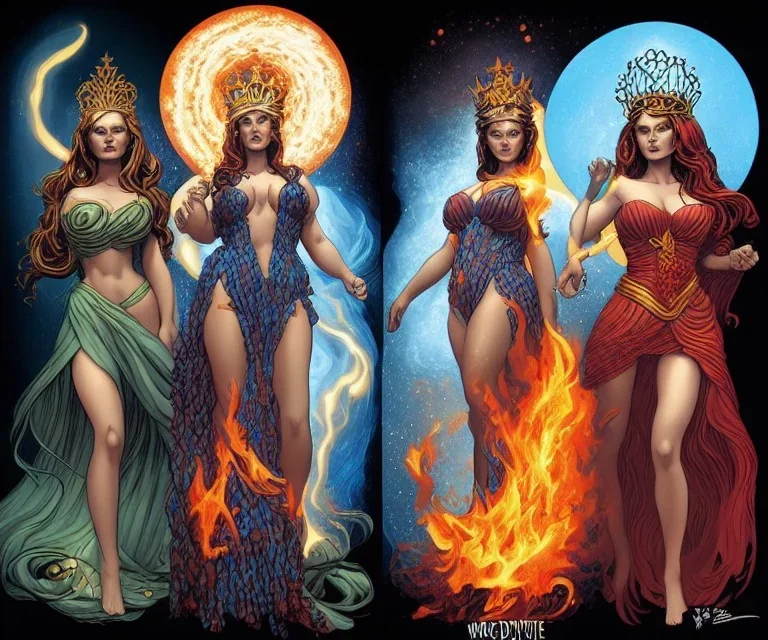 Four doll divine representing each one the four elements: fire, earth, air, and water. Mark Brooks and Dan Mumford, comic book art, perfect, smooth elemental galactic space core royalty queens crown.