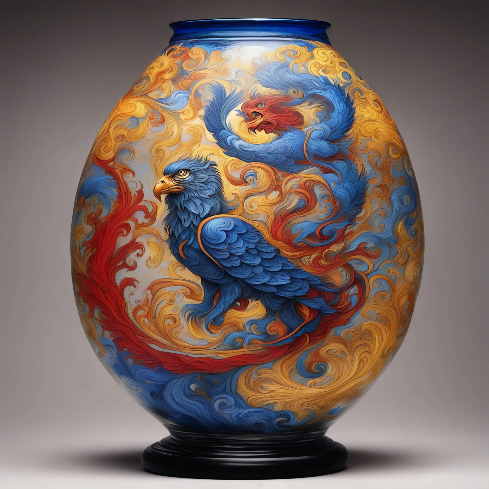 in glass painting art style, Ornate vessel with swirls of eagle yellow, lion blue, and red dragon