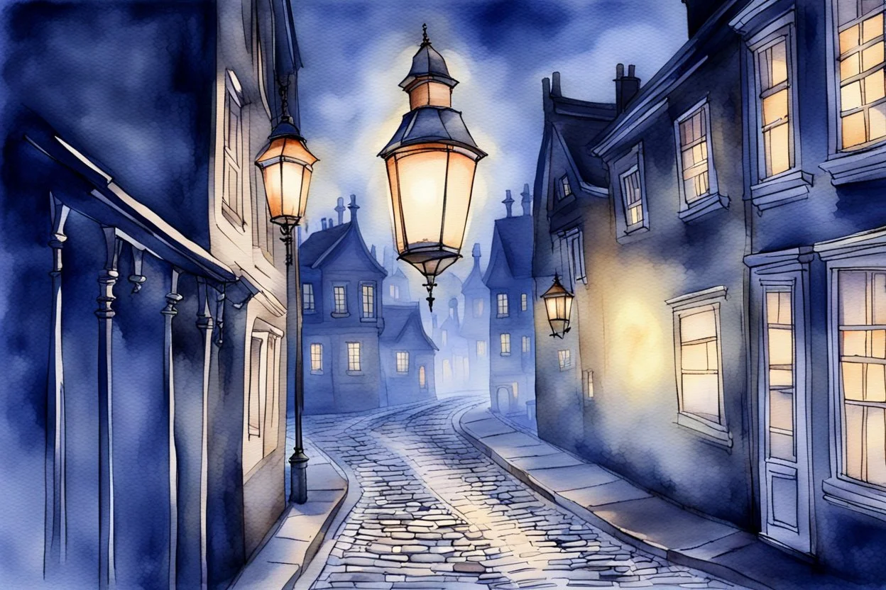 Prompt: a lantern glowing softly on a cobblestone street, mist swirling, with old Victorian houses lining the path, watercolor, mysterious, nocturnal