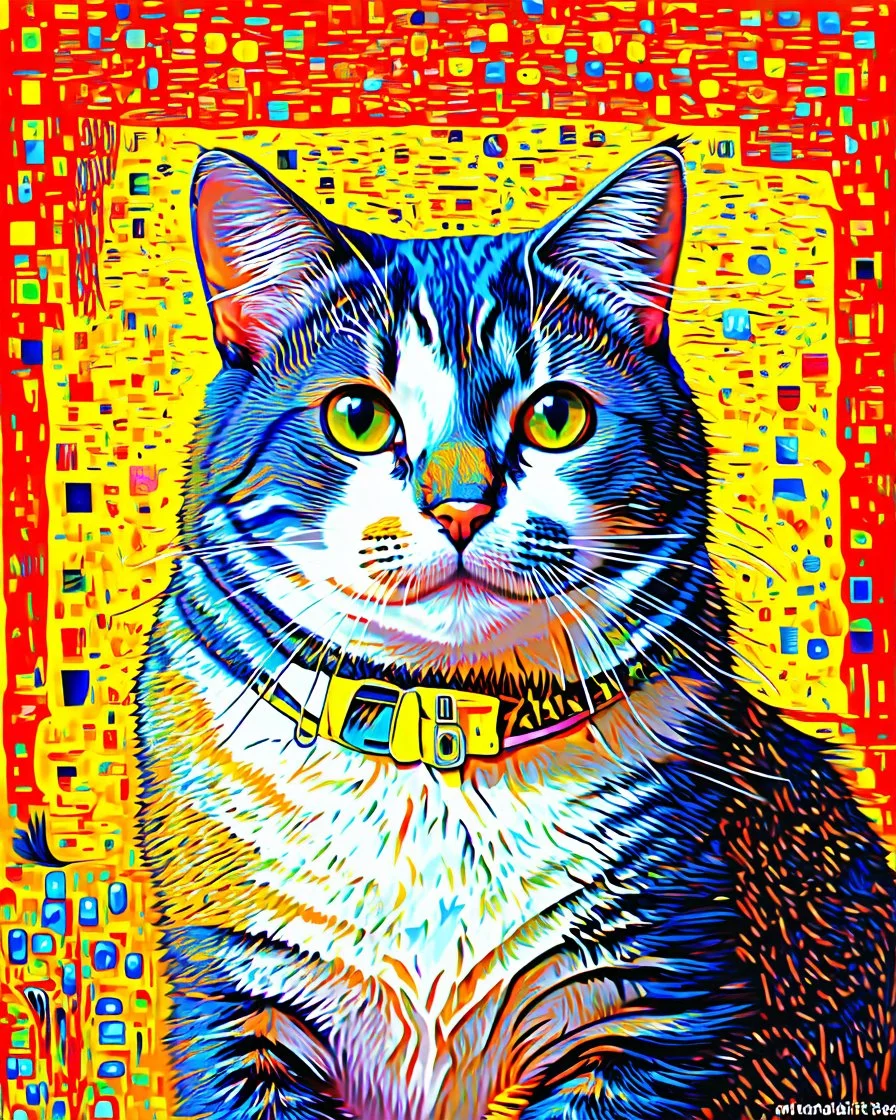 Random people and cats, random environment, random artistic style, random mixed techniques, random colours, random shapes, minimalist, creative, Precise figures, realistic textures, Klimt