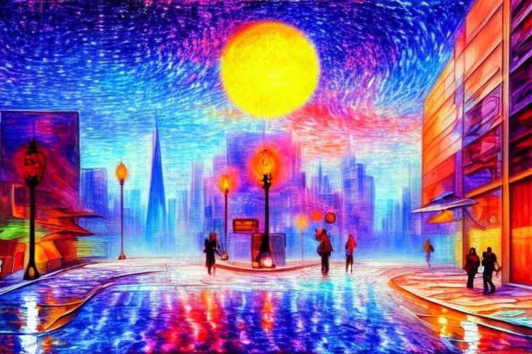 Epic futuristic street, exoplanet in the sky, impressionism painting