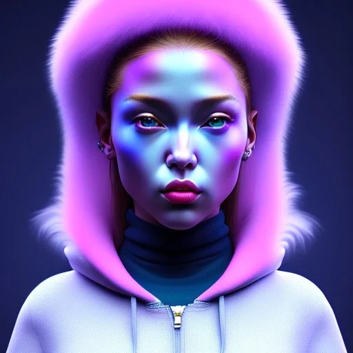 Russian woman, rounded face, bubble gum, heavily made up, blue, pink, hoodie, feathers, latex, leather, soft color, highly detailed, art stations, concept art, smooth, unreal engine 5, god rays, ray tracing, RTX, lumen lighting, ultra detail, volumetric lighting, 3d, finely drawn, high definition, high resolution, neon background.