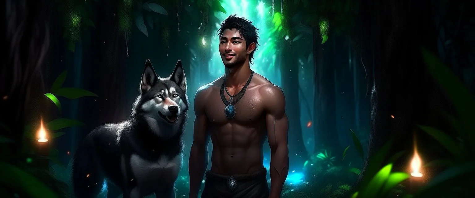 Hyper Realistic handsome shirtless muscular short black hair young king smiling & standing with his black husky in a dark mystical jungle at night with fireflies & colorful crystals