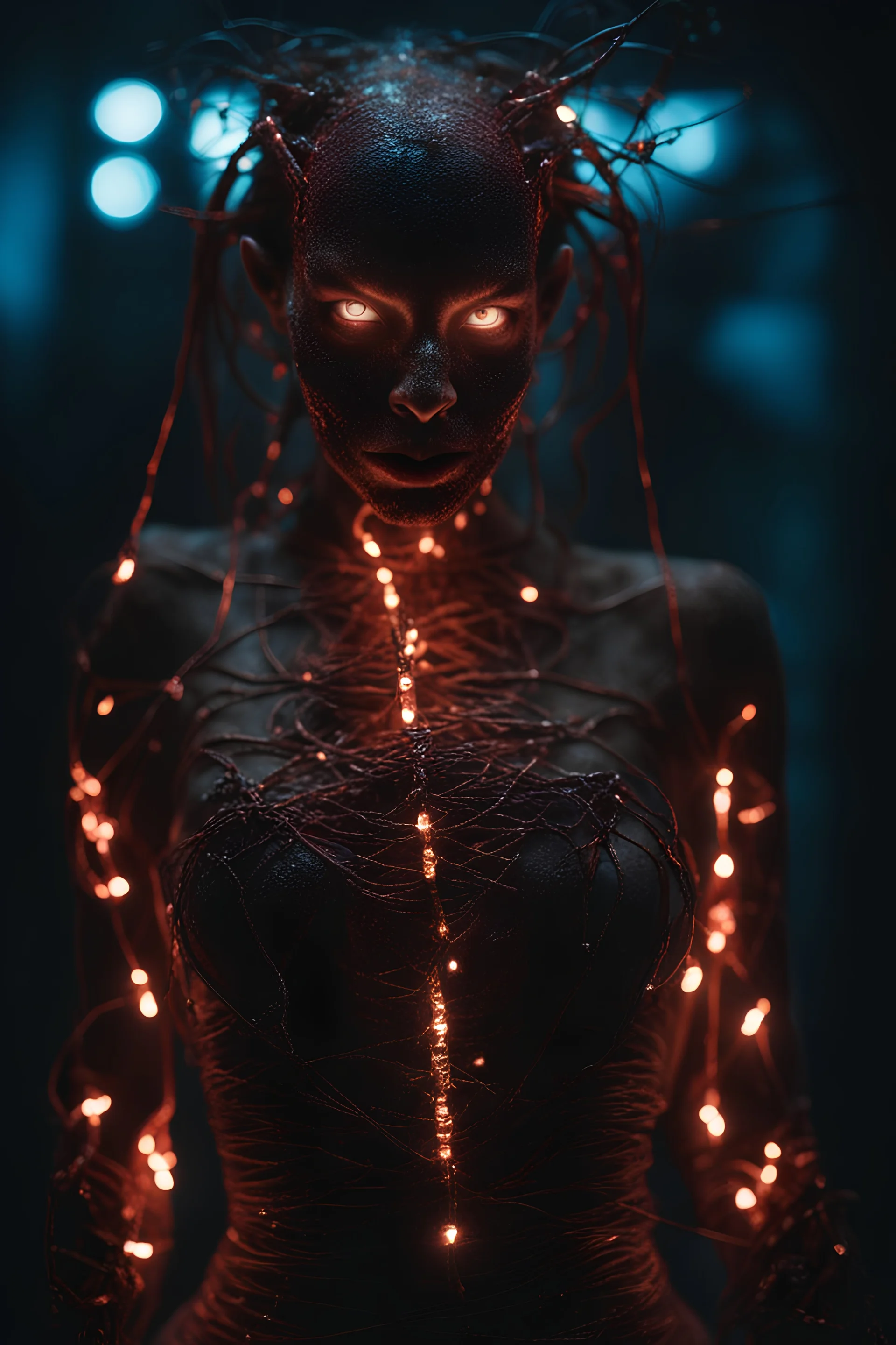 Demon girl, fullbody, creepy, horrifying, sinister, many wires connected to the head lumen lighting, led lights, sparks around her, sparks cybernetic,high lighting, intricate, 8k, macro photography,