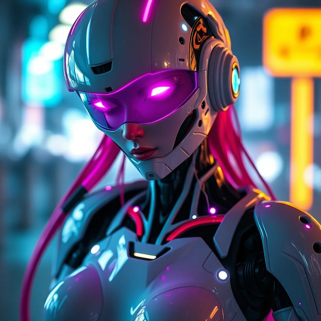 a feminine cyborg robot, cyberpunk, neon