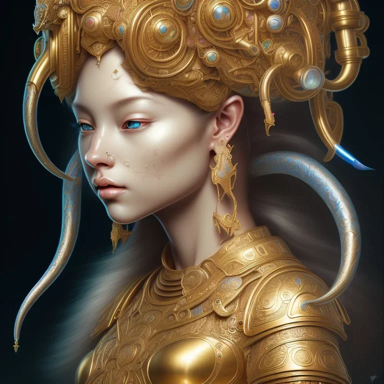 Sango fantasy, fantasy magic, intricate, sharp focus, illustration, highly detailed, digital painting, concept art, matte, art germ and Paul Lewin and Kehinde Wiley, masterpiece silver elephant head bronze Buddha Asian African girl nice breast Hawaiian hair turquoise golden waves