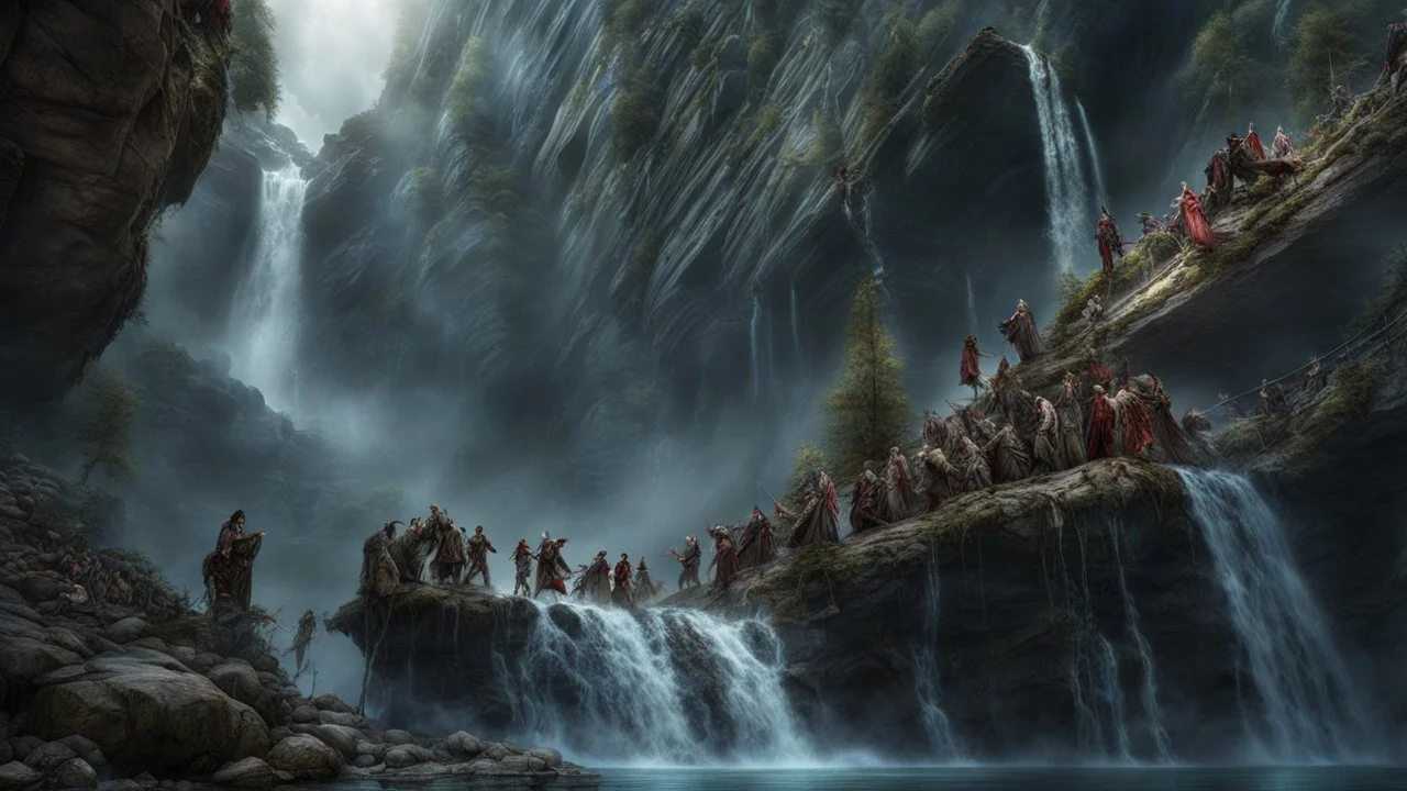 rotting zombies falling from the top of a 3.000 feet high waterfall. fantasy setting, horror. exquisite realism, a masterpiece, fantasy concept art, dynamic lighting, hyperdetailed, intricately detailed, deep color, Unreal Engine, volumetric lighting, Epic cinematic brilliant stunning intricate meticulously detailed dramatic atmospheric maximalist digital matte painting