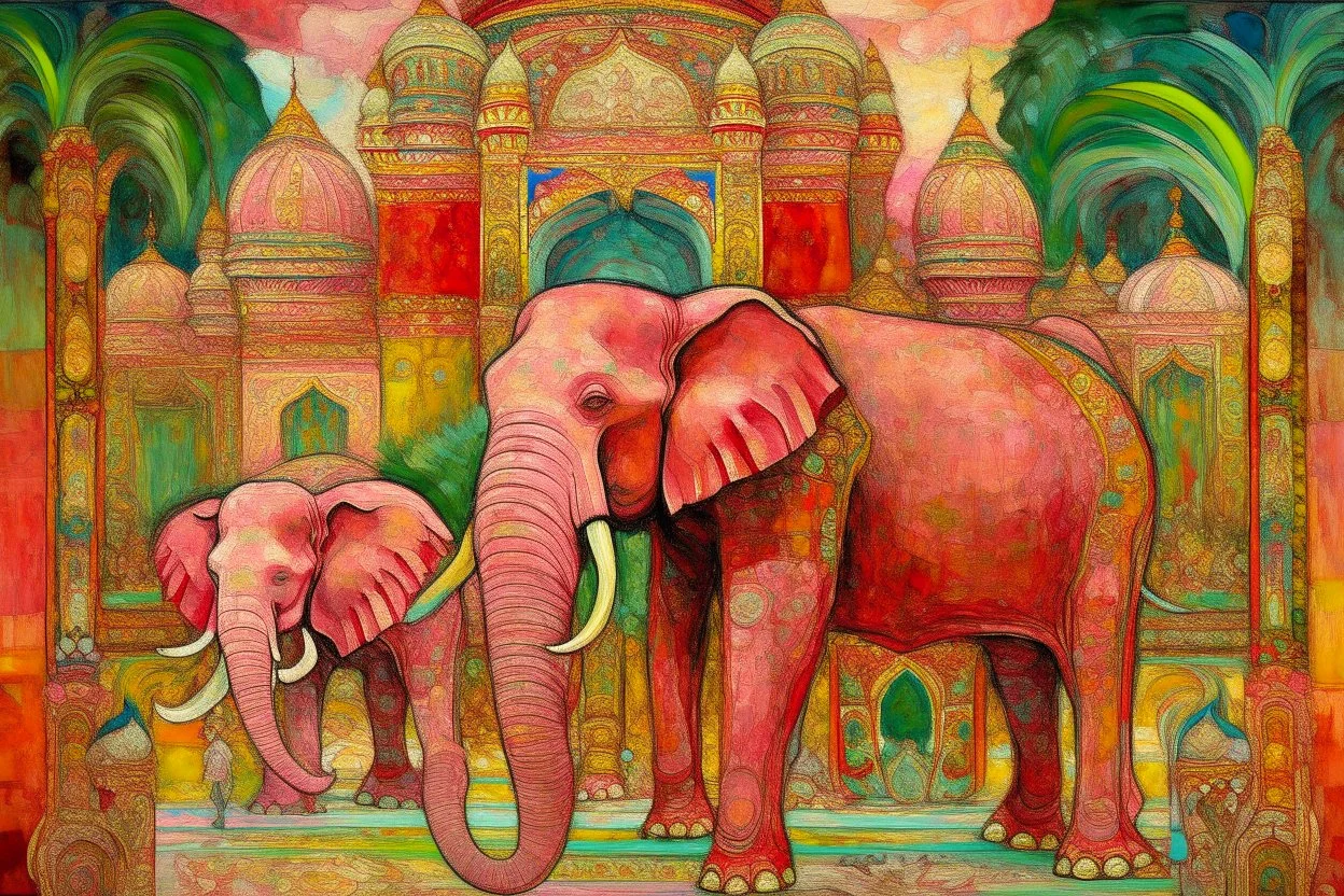 A pink magical Indian elephant palace painted by Vincent van Gogh