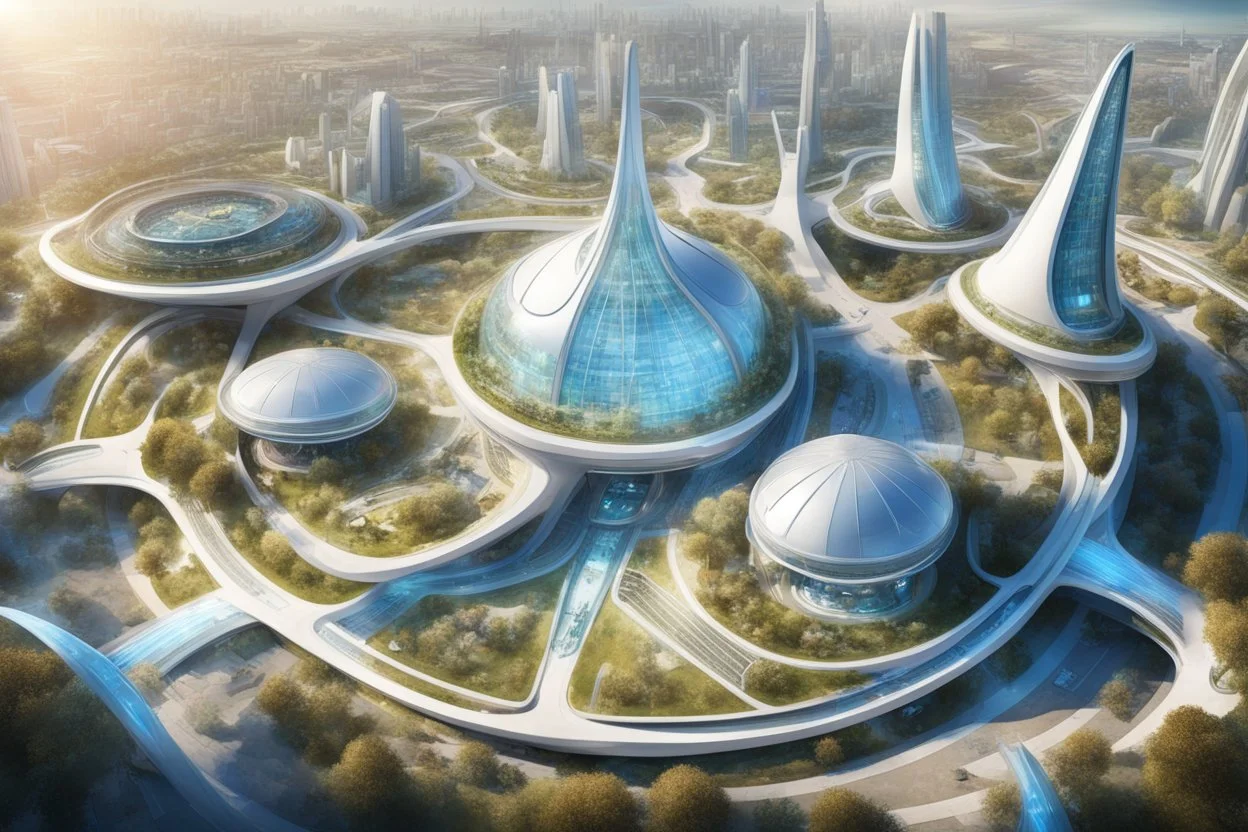theme park of the city of the future 2050, fairy tale, radiance, abstraction, bird's eye view