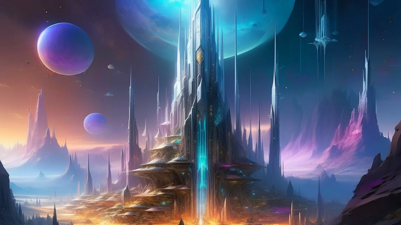 Amidst the lunar landscape of a sprawling colony, a towering crystal spire shimmers in the soft light of Earth's reflection. This vivid concept art showcases a digital painting of a bustling, futuristic settlement on the moon. Sparkling holographic displays illuminate sleek skyscrapers, bustling transport hubs, and lush, manicured gardens beneath a domed sky. Every detail, from the gleaming solar panels to the bustling street markets, bursts with life and innovation, inviting viewers to immerse