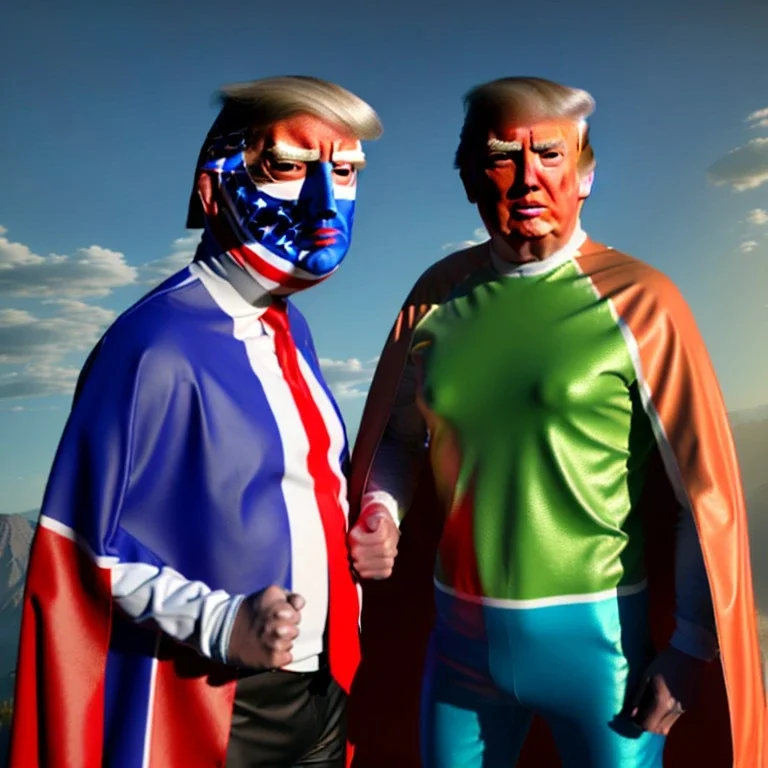 realistic image of donald trump as a mexican wrestling fighter posing outdoors, Mexican eyes wrestling mask, red and blue breeches, confederate flag cape, retro style, 80s, vibrant color, highly detailed, sky background, concept art, unreal engine 5, god rays, ray tracing, RTX, lumen lighting, ultra detail, volumetric lighting, 3d, finely drawn, high definition, high resolution.