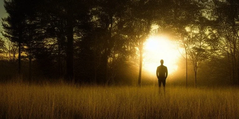 A man made of lighting standing in a meadow