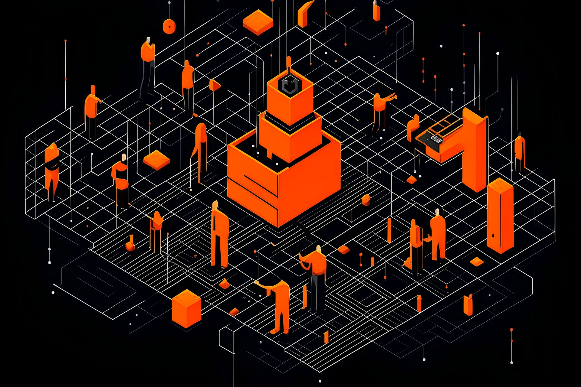 innovation - solarpunk illustration - people celebrating, isometric, orange elements, black background