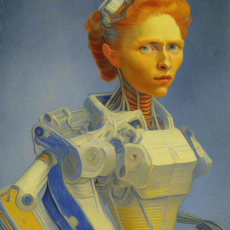 Portrait de femme robot par van gogh couleurs très vives très lumineux contrate