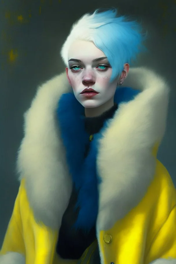 Pale short white woman with blue hair,yellow eyes, a fur coated black coat and trousers.